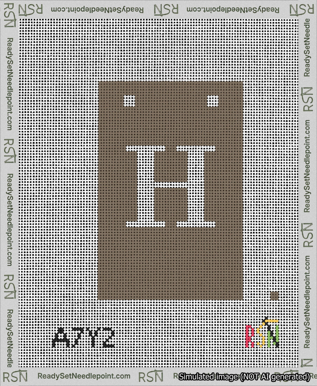 A taped needlepoint canvas with the design: Banner 13 mesh count Squared H White on Brown.