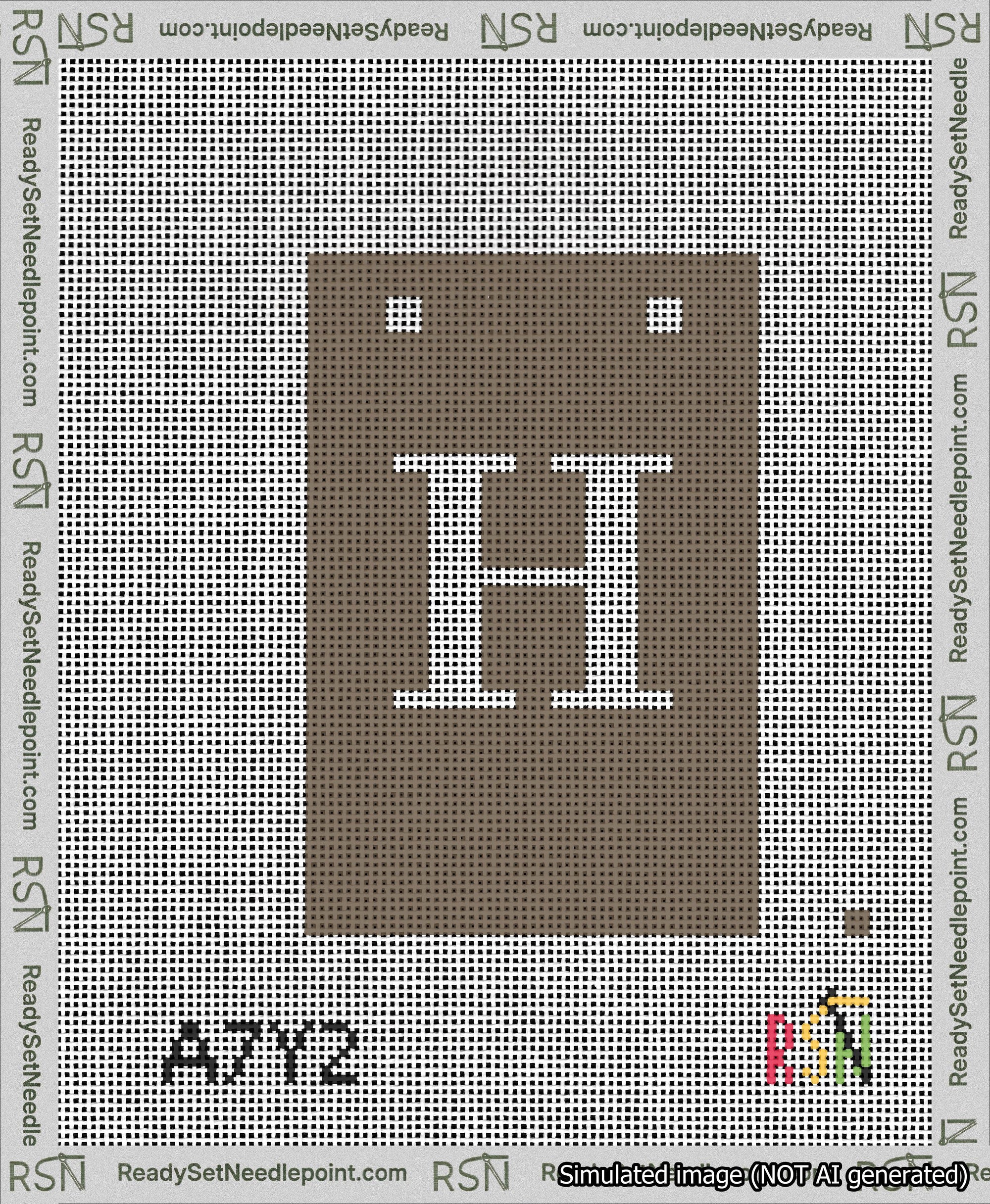 A taped needlepoint canvas with the design: Banner 13 mesh count Squared H White on Brown.