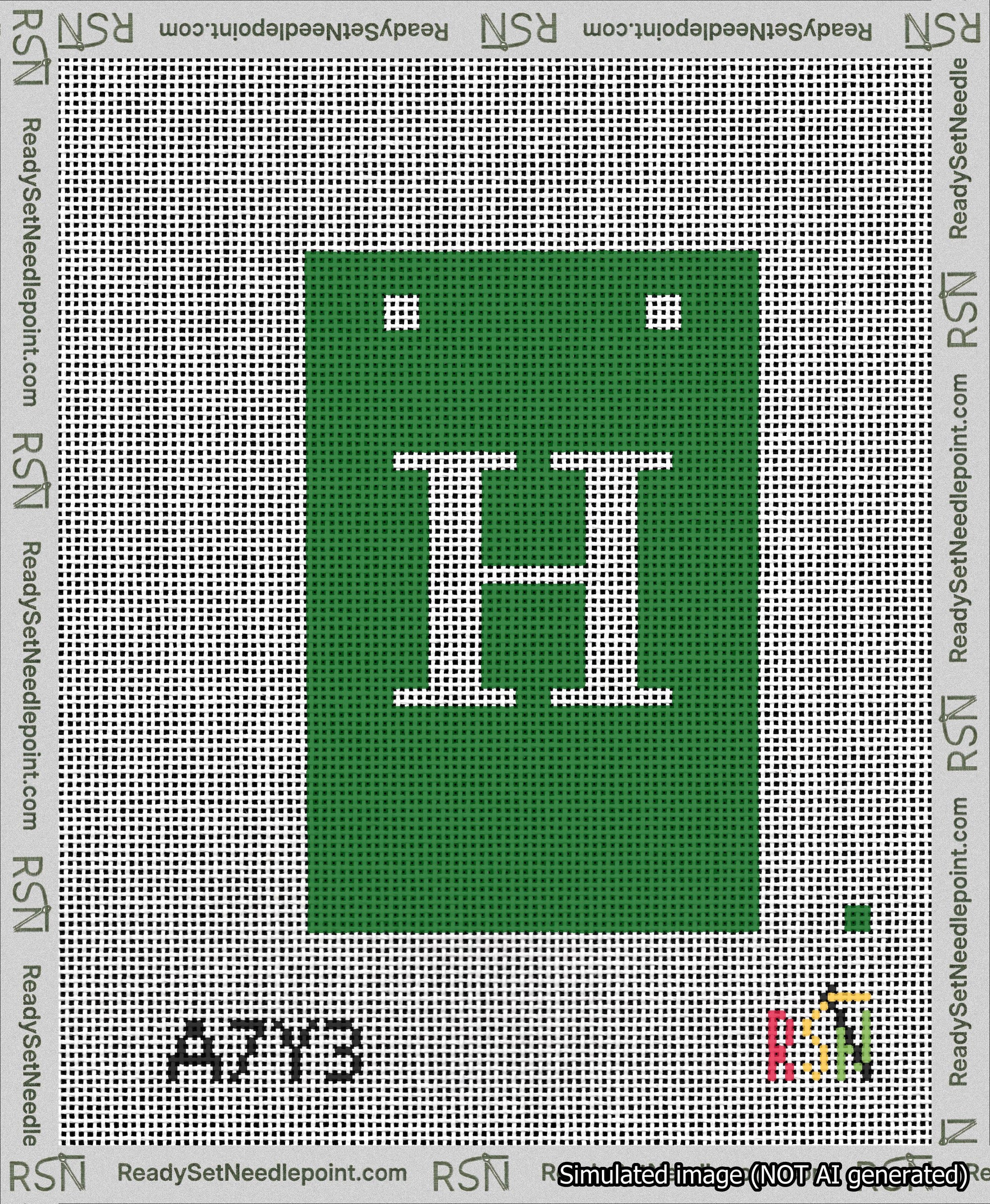 A taped needlepoint canvas with the design: Banner 13 mesh count Squared H White on Green.
