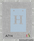 A taped needlepoint canvas with the design: Banner 13 mesh count Squared H White on Light Blue.