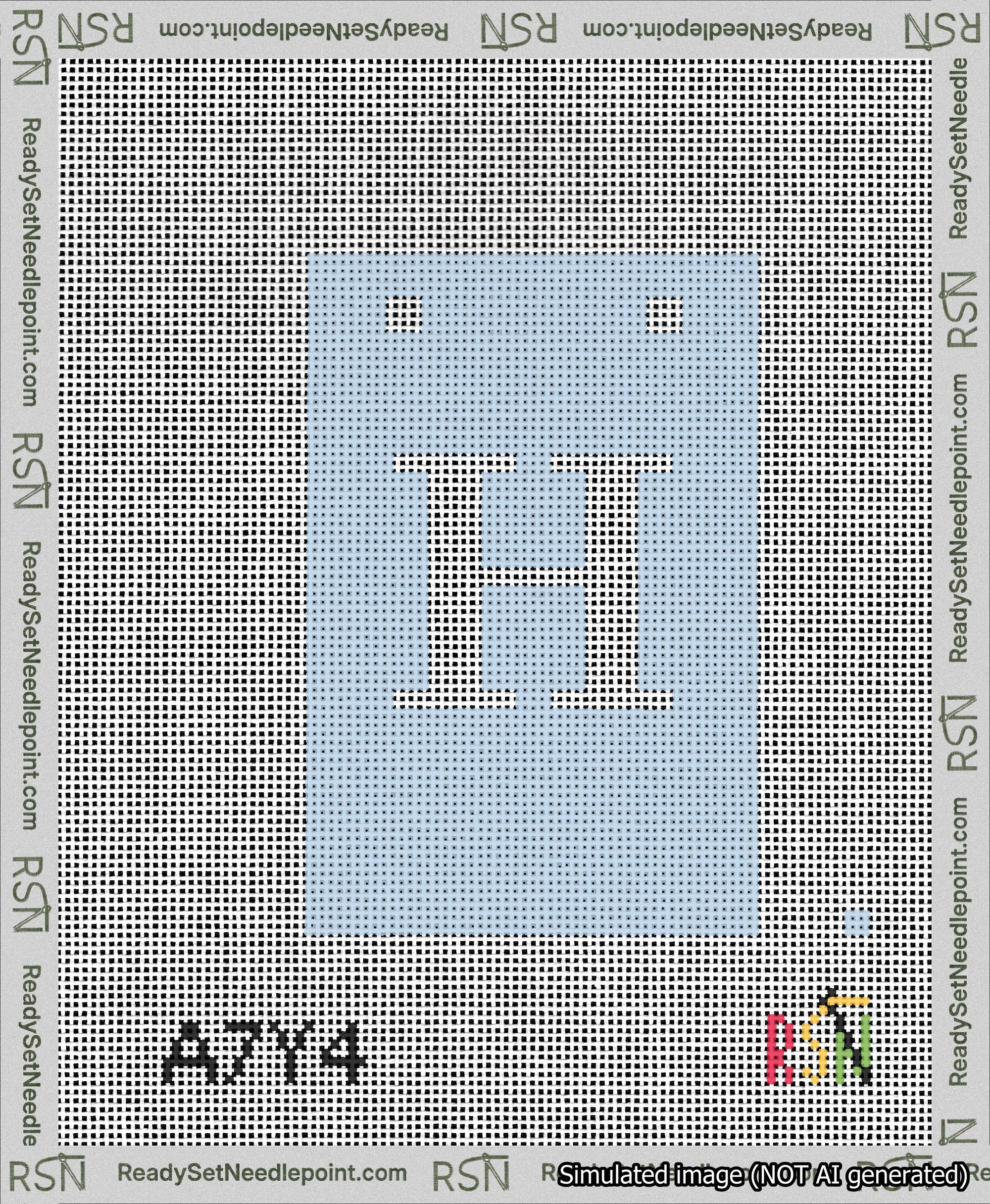 A taped needlepoint canvas with the design: Banner 13 mesh count Squared H White on Light Blue.