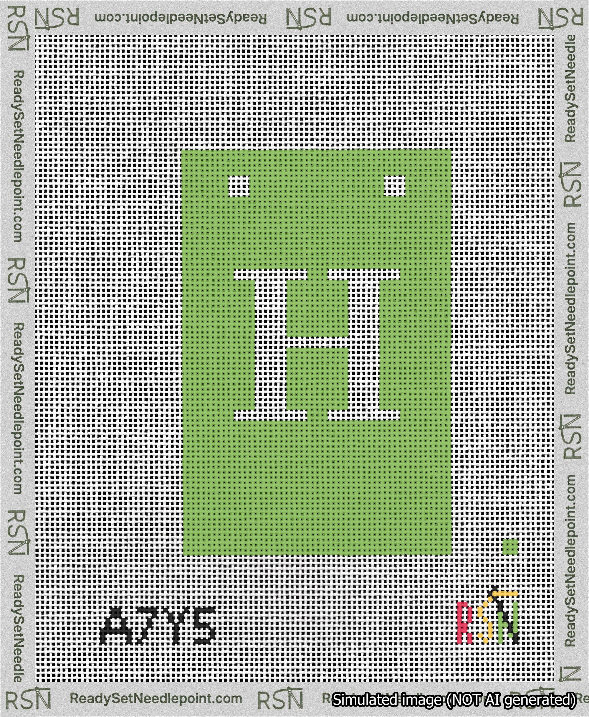 A taped needlepoint canvas with the design: Banner 13 mesh count Squared H White on Light Green.