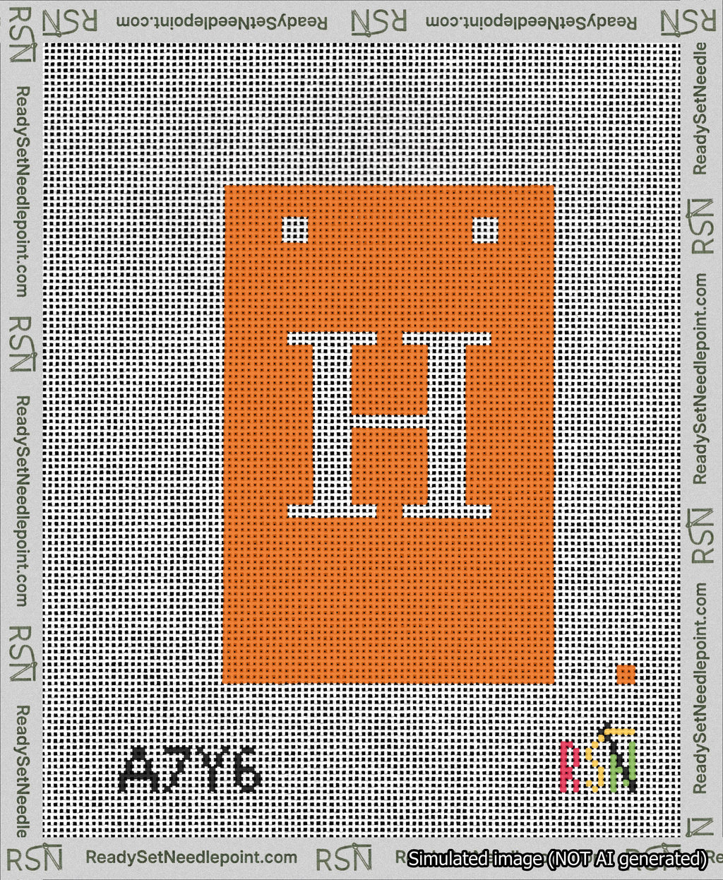 A taped needlepoint canvas with the design: Banner 13 mesh count Squared H White on Orange.