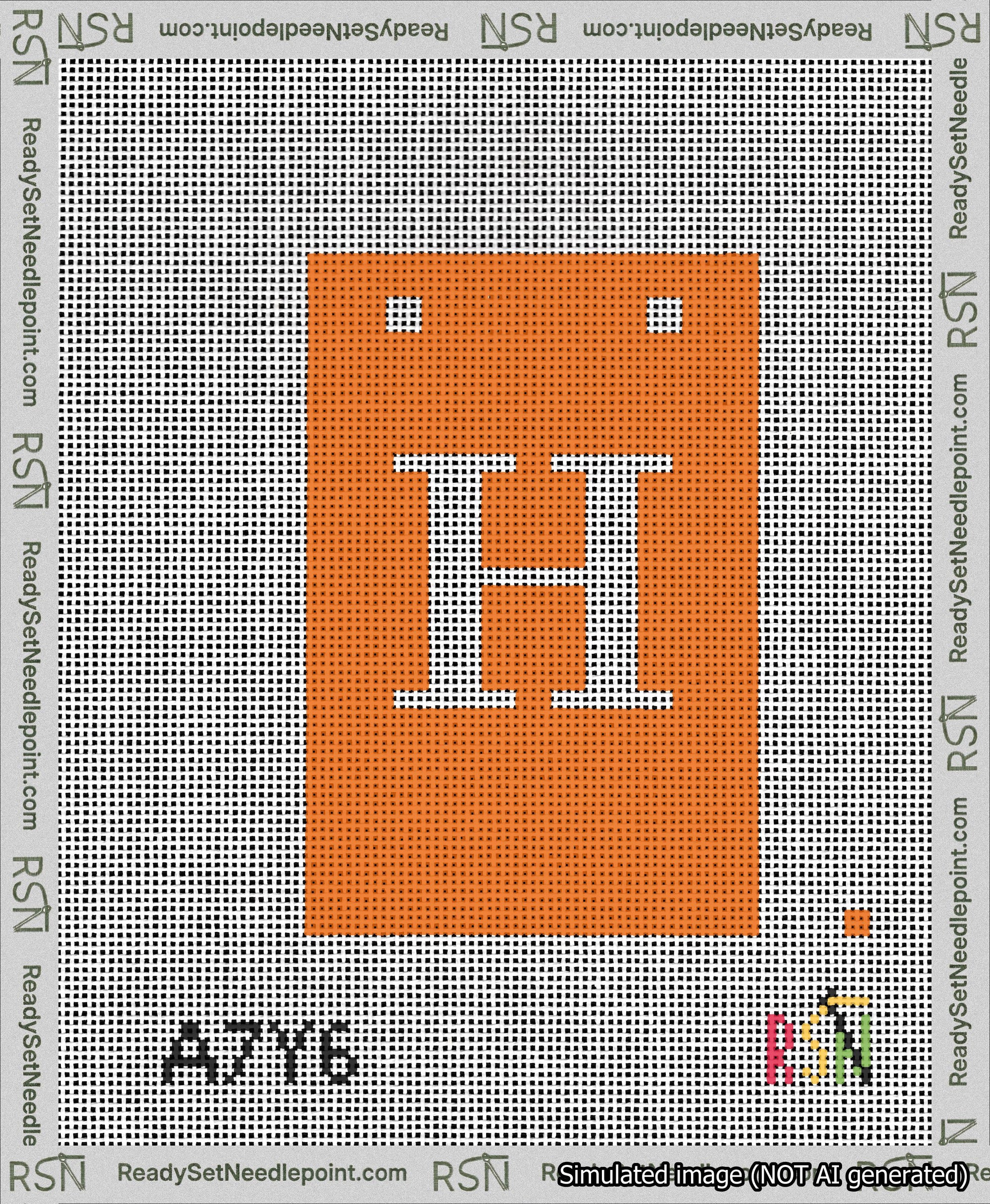 A taped needlepoint canvas with the design: Banner 13 mesh count Squared H White on Orange.