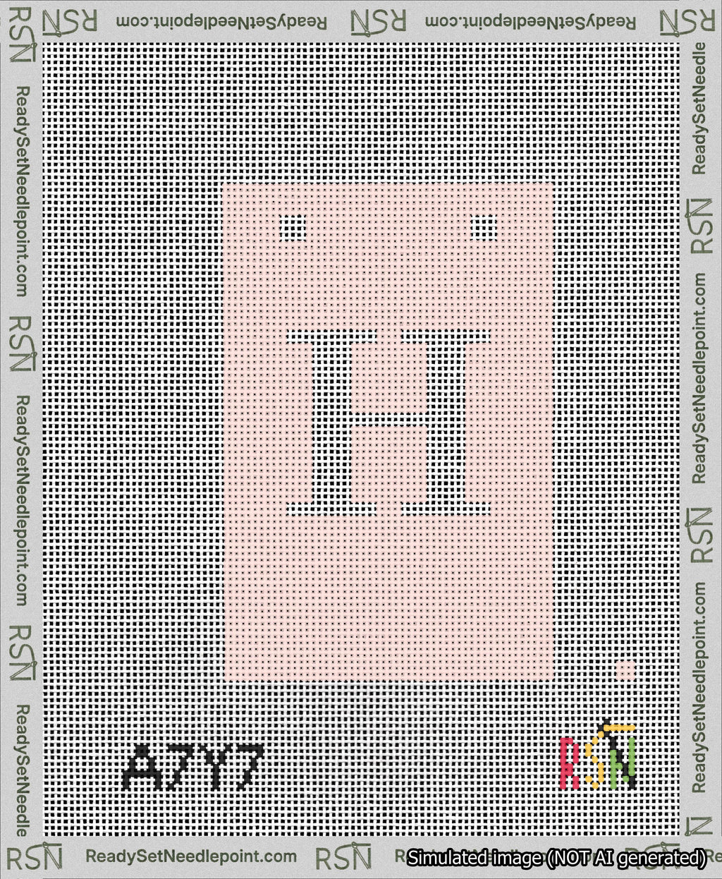 A taped needlepoint canvas with the design: Banner 13 mesh count Squared H White on Pink.