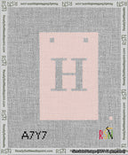 A taped needlepoint canvas with the design: Banner 13 mesh count Squared H White on Pink.