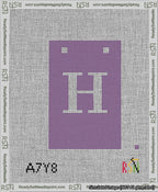 A taped needlepoint canvas with the design: Banner 13 mesh count Squared H White on Purple.