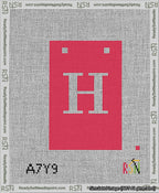 A taped needlepoint canvas with the design: Banner 13 mesh count Squared H White on Red.