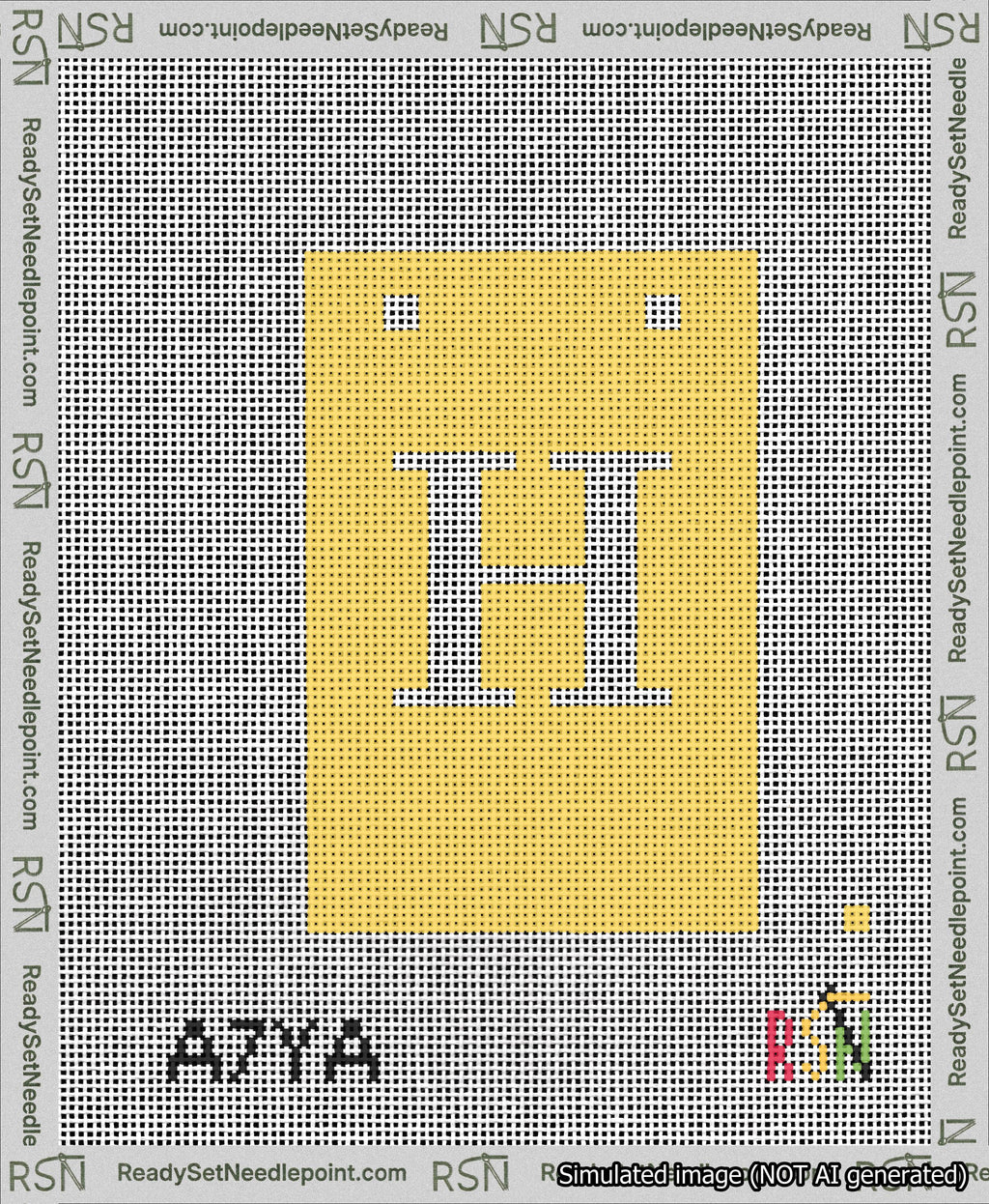 A taped needlepoint canvas with the design: Banner 13 mesh count Squared H White on Yellow.