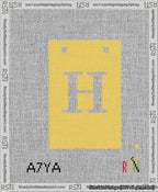 A taped needlepoint canvas with the design: Banner 13 mesh count Squared H White on Yellow.
