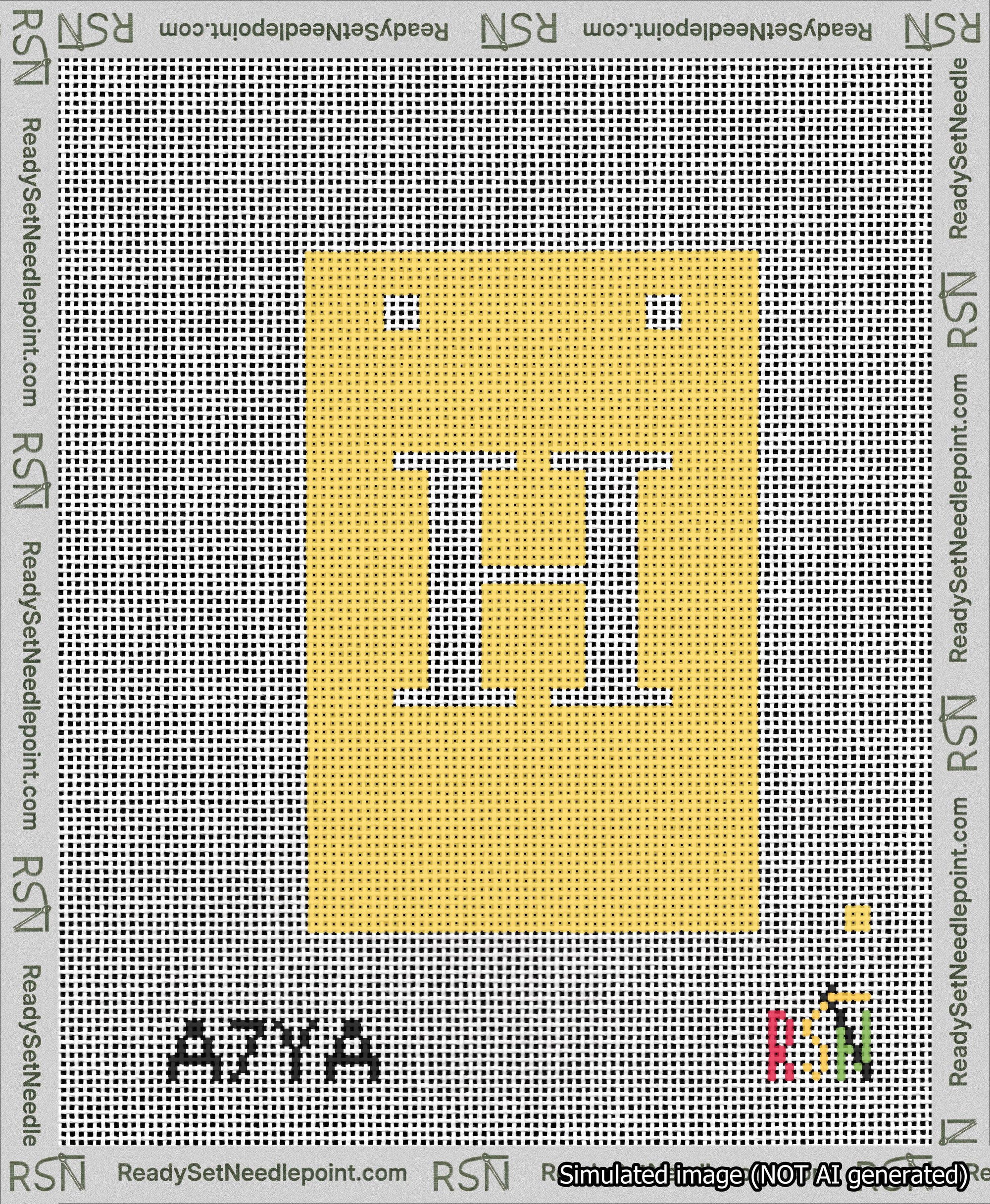 A taped needlepoint canvas with the design: Banner 13 mesh count Squared H White on Yellow.
