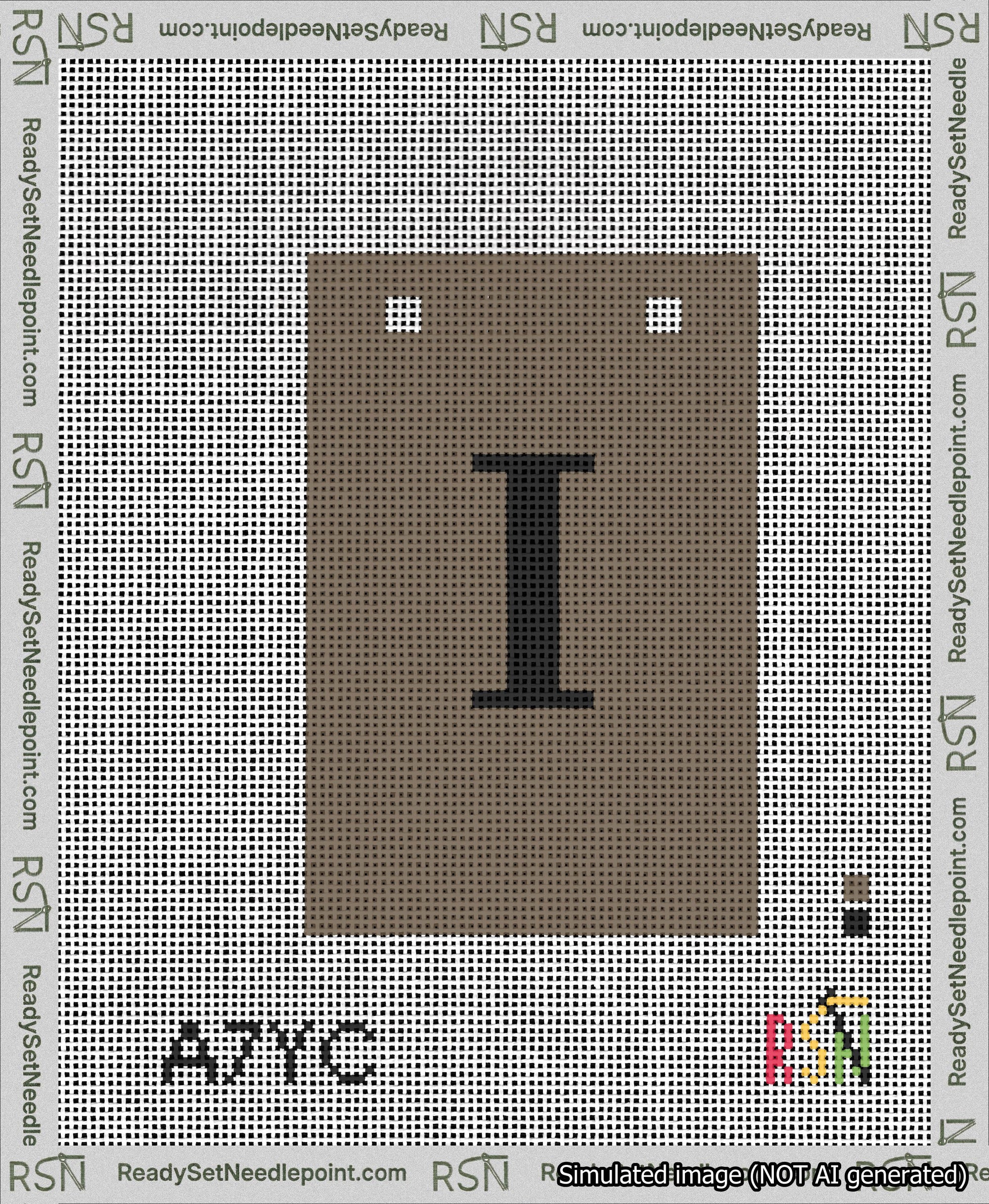 A taped needlepoint canvas with the design: Banner 13 mesh count Squared I Black on Brown.