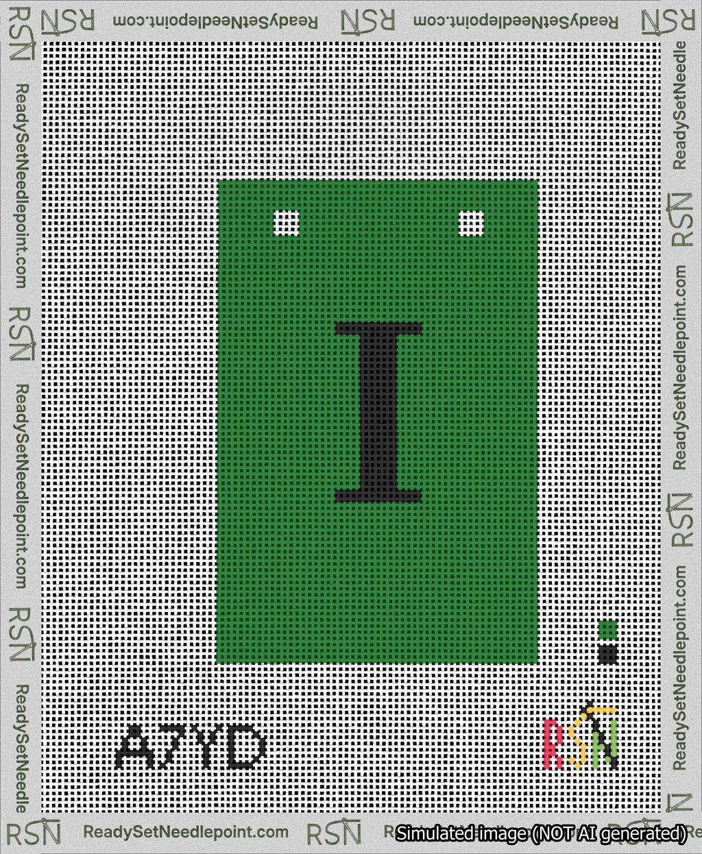 A taped needlepoint canvas with the design: Banner 13 mesh count Squared I Black on Green.
