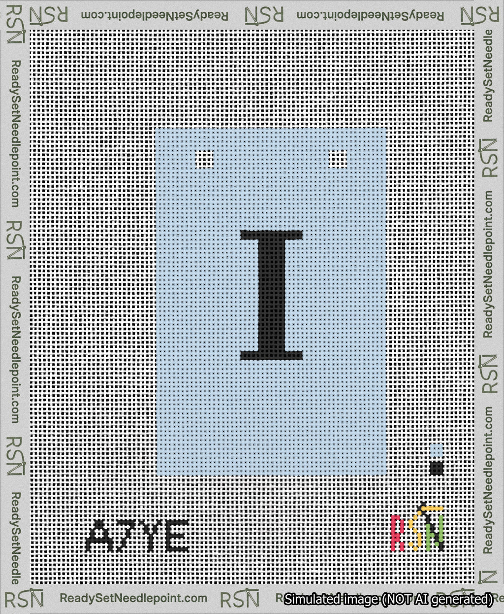 A taped needlepoint canvas with the design: Banner 13 mesh count Squared I Black on Light Blue.