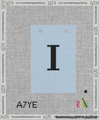 A taped needlepoint canvas with the design: Banner 13 mesh count Squared I Black on Light Blue.