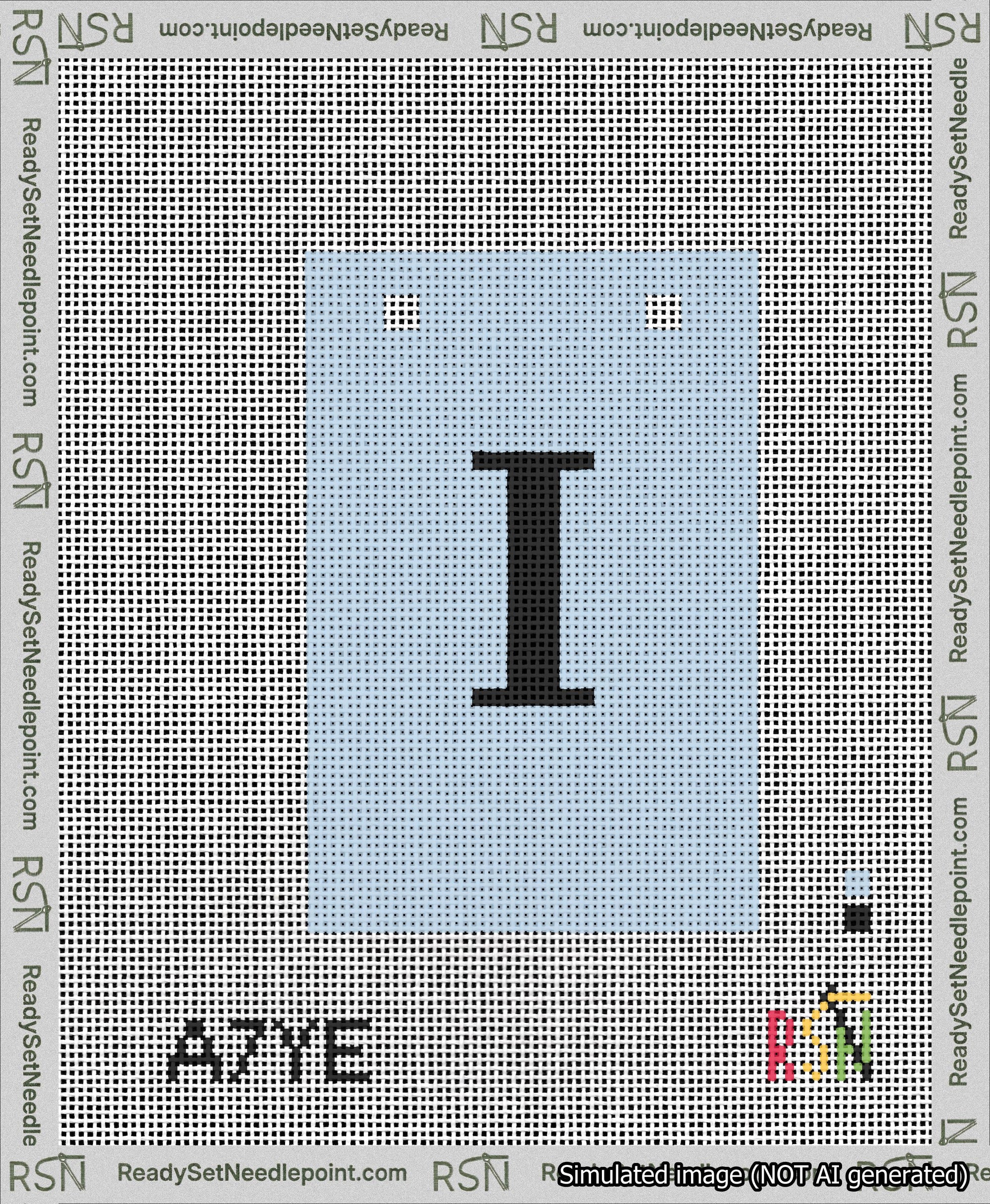 A taped needlepoint canvas with the design: Banner 13 mesh count Squared I Black on Light Blue.