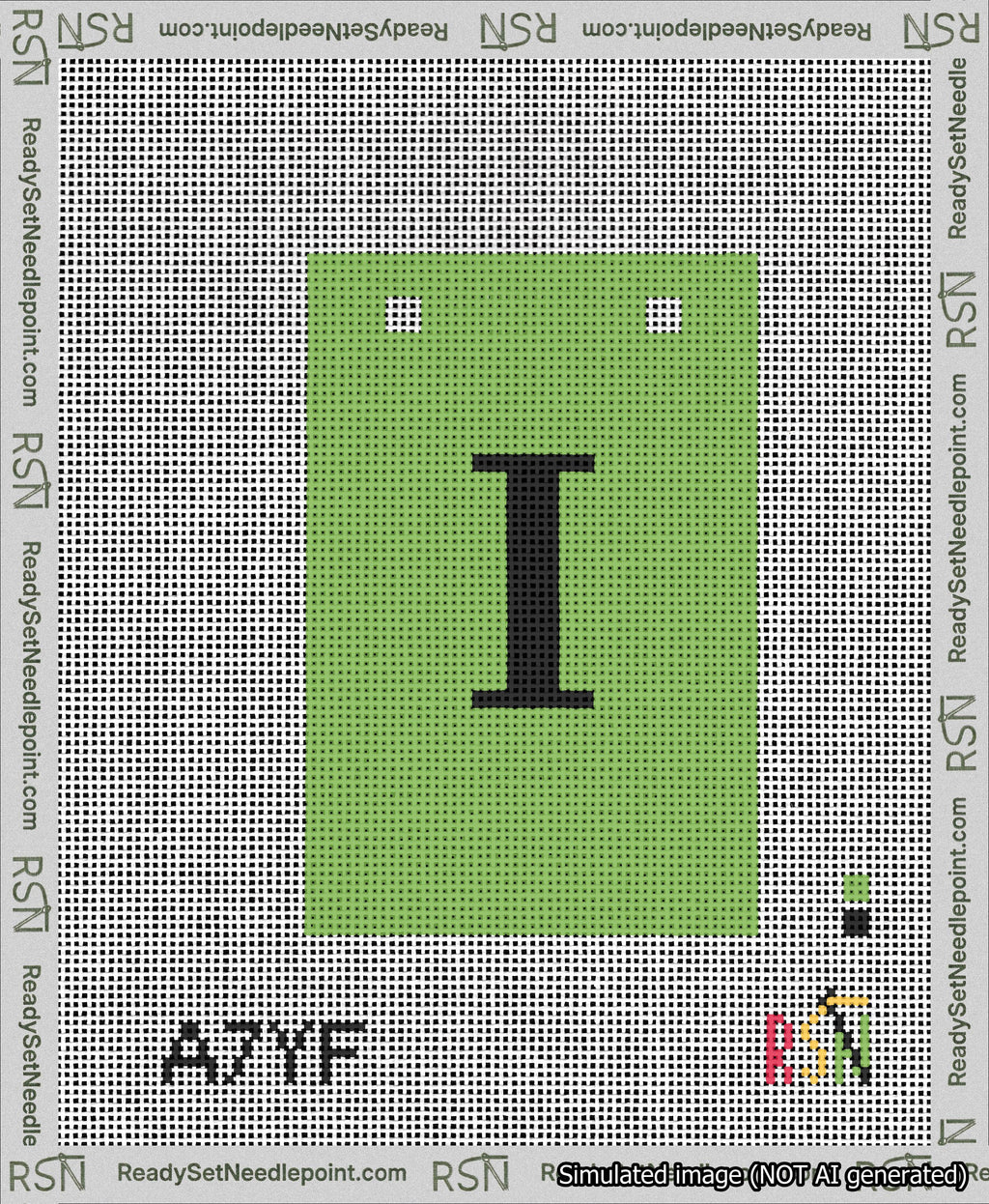 A taped needlepoint canvas with the design: Banner 13 mesh count Squared I Black on Light Green.
