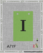A taped needlepoint canvas with the design: Banner 13 mesh count Squared I Black on Light Green.