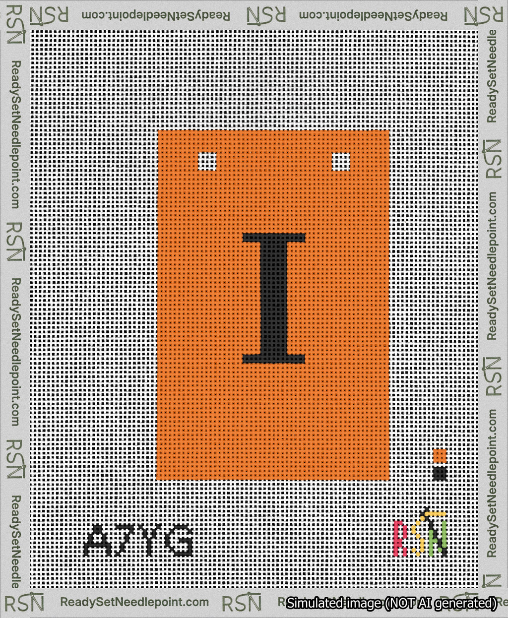 A taped needlepoint canvas with the design: Banner 13 mesh count Squared I Black on Orange.