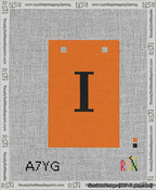 A taped needlepoint canvas with the design: Banner 13 mesh count Squared I Black on Orange.