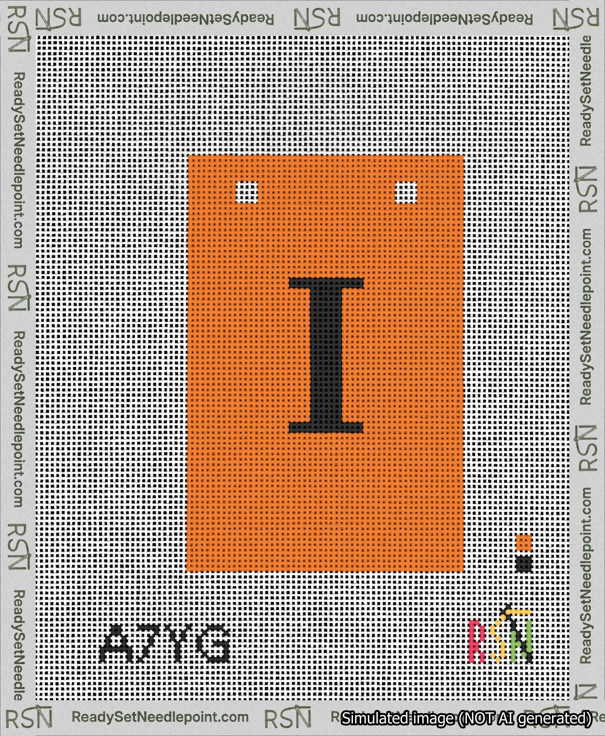 A taped needlepoint canvas with the design: Banner 13 mesh count Squared I Black on Orange.