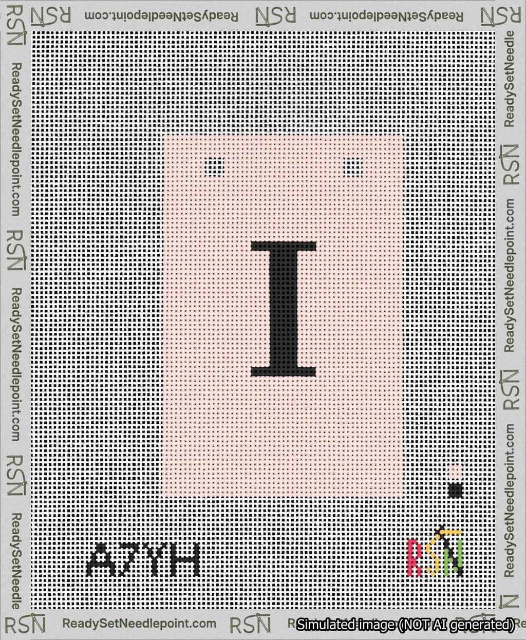 A taped needlepoint canvas with the design: Banner 13 mesh count Squared I Black on Pink.
