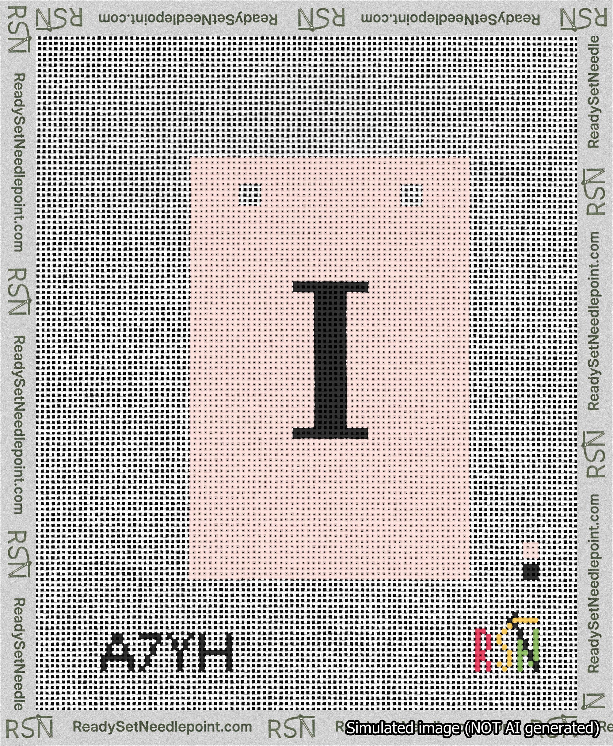 A taped needlepoint canvas with the design: Banner 13 mesh count Squared I Black on Pink.