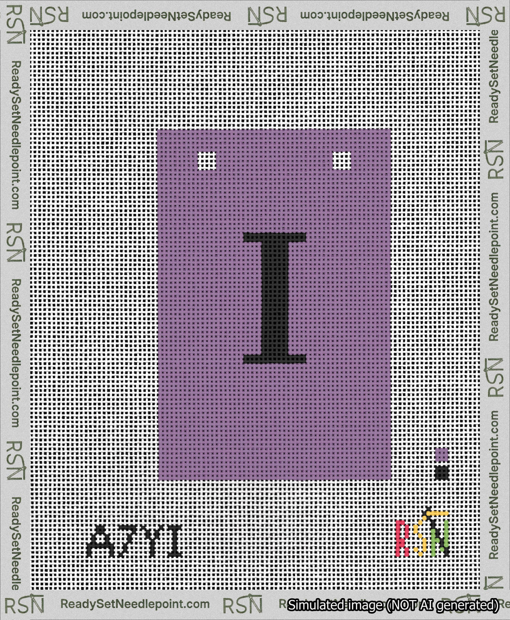 A taped needlepoint canvas with the design: Banner 13 mesh count Squared I Black on Purple.