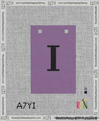 A taped needlepoint canvas with the design: Banner 13 mesh count Squared I Black on Purple.