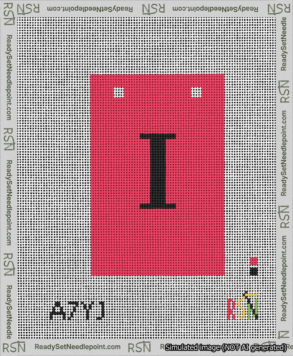 A taped needlepoint canvas with the design: Banner 13 mesh count Squared I Black on Red.