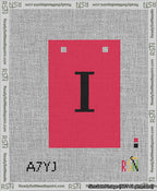 A taped needlepoint canvas with the design: Banner 13 mesh count Squared I Black on Red.