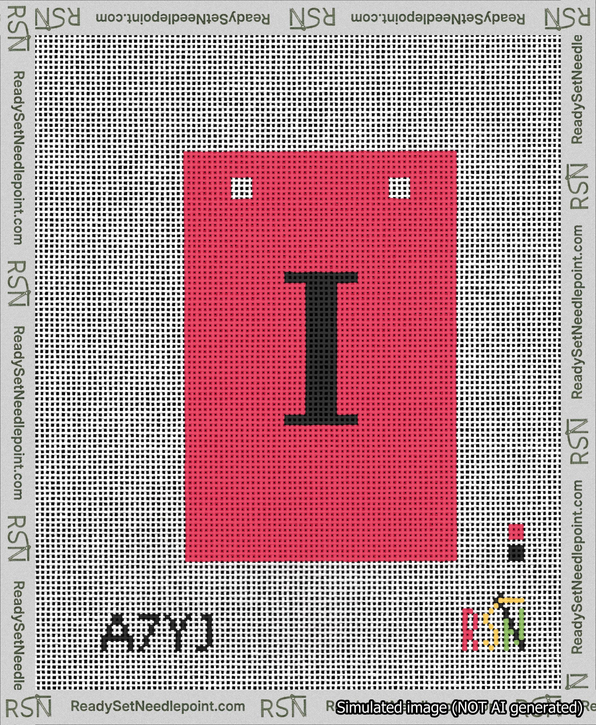 A taped needlepoint canvas with the design: Banner 13 mesh count Squared I Black on Red.