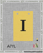 A taped needlepoint canvas with the design: Banner 13 mesh count Squared I Black on Yellow.