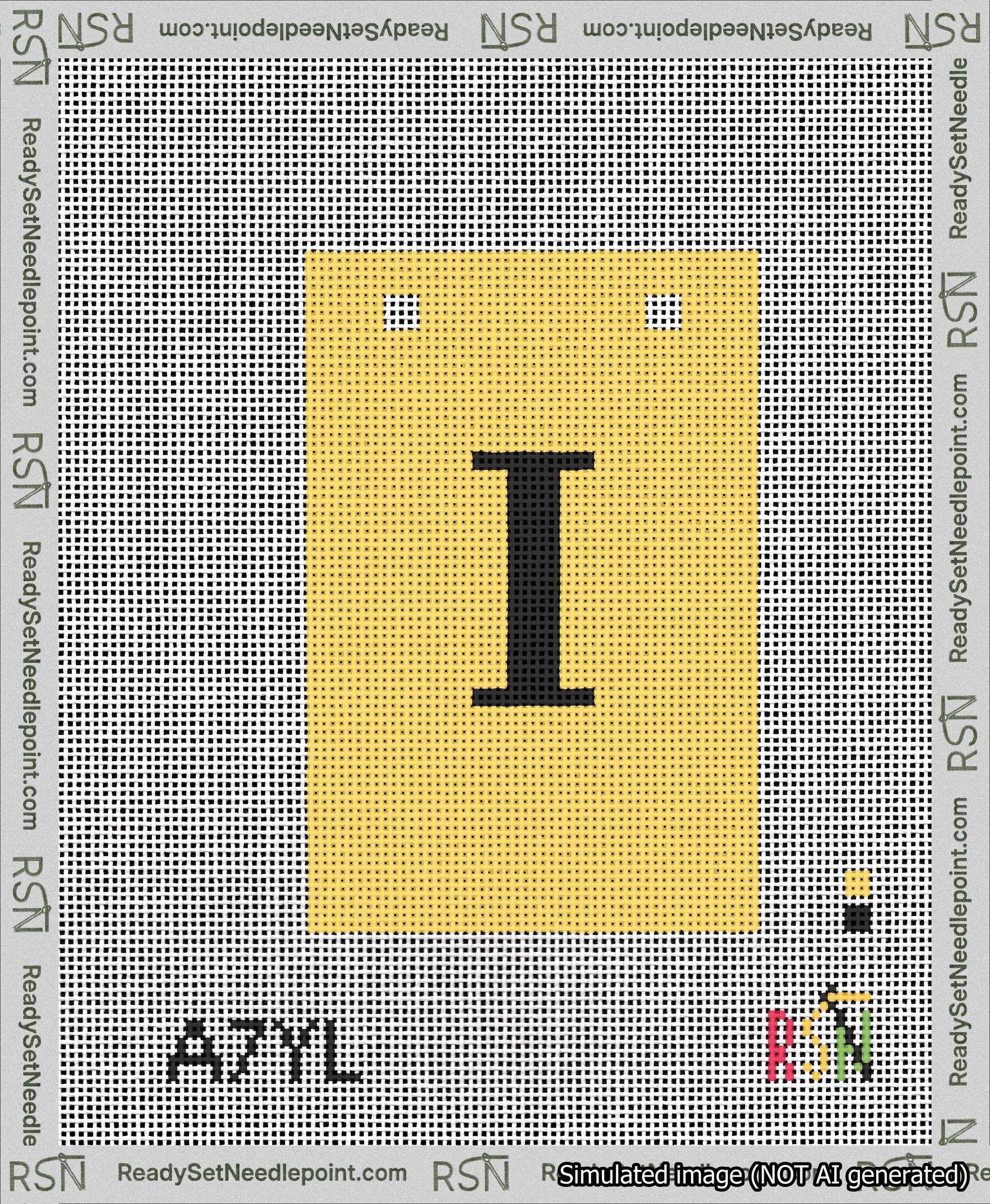 A taped needlepoint canvas with the design: Banner 13 mesh count Squared I Black on Yellow.