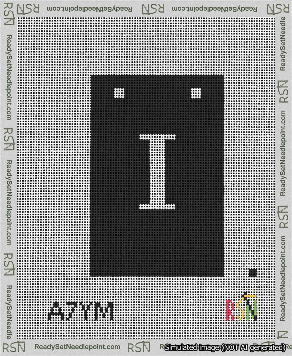 A taped needlepoint canvas with the design: Banner 13 mesh count Squared I White on Black.