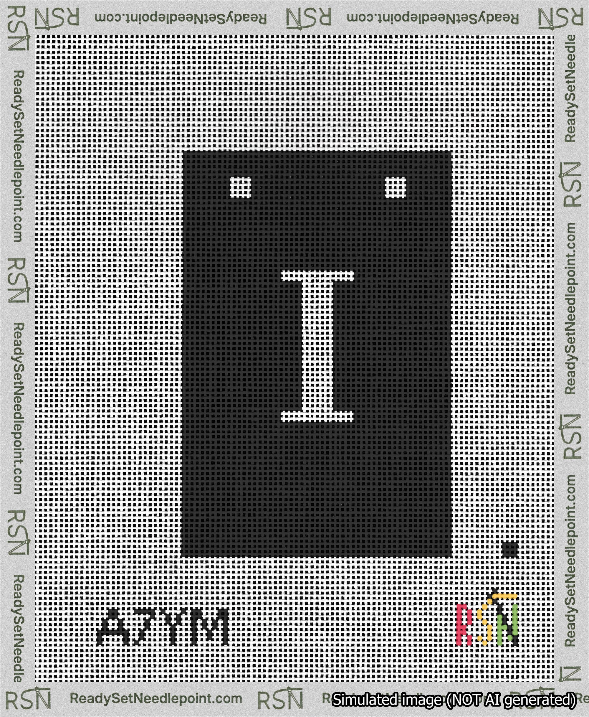 A taped needlepoint canvas with the design: Banner 13 mesh count Squared I White on Black.