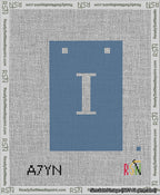 A taped needlepoint canvas with the design: Banner 13 mesh count Squared I White on Blue.