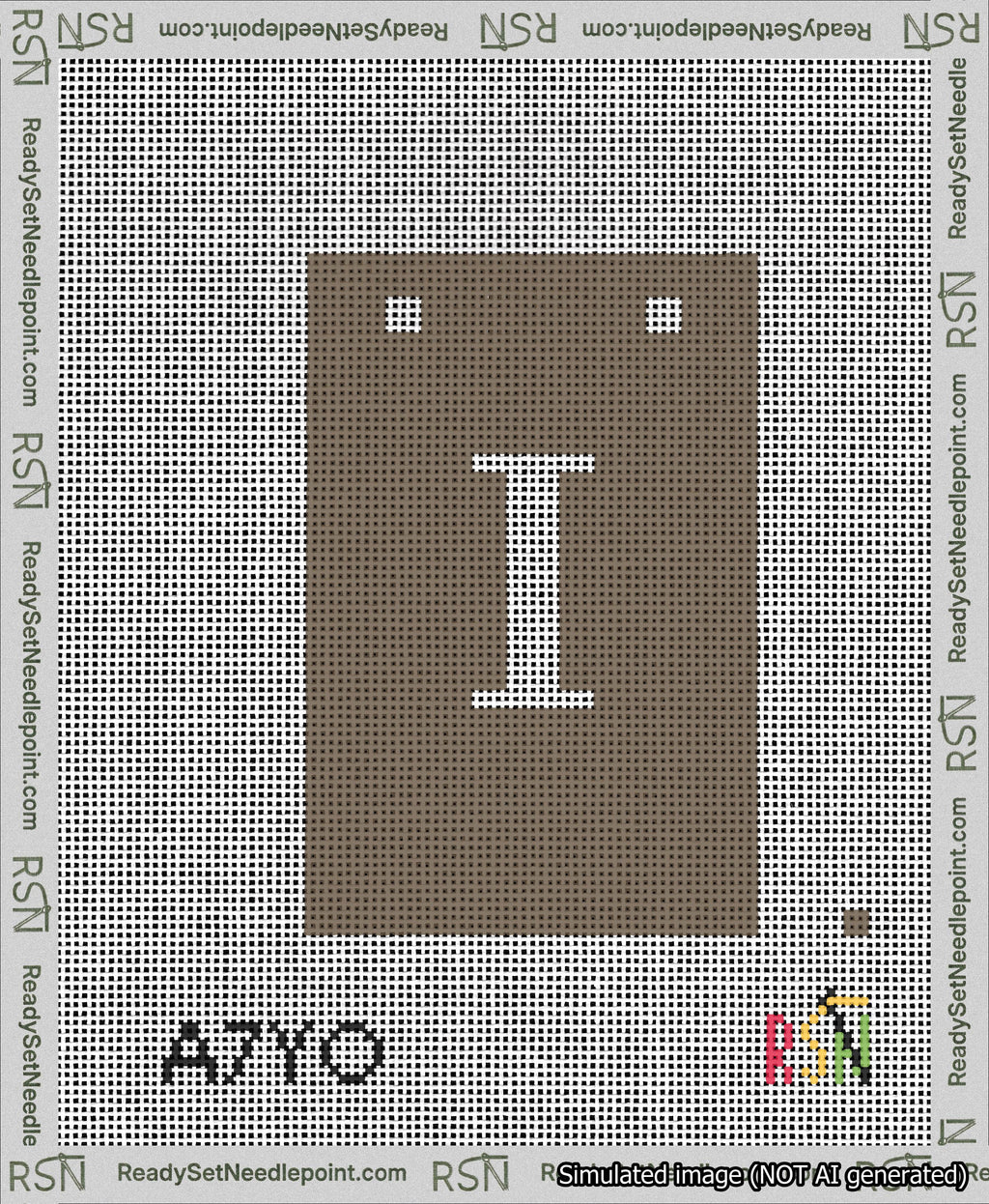 A taped needlepoint canvas with the design: Banner 13 mesh count Squared I White on Brown.