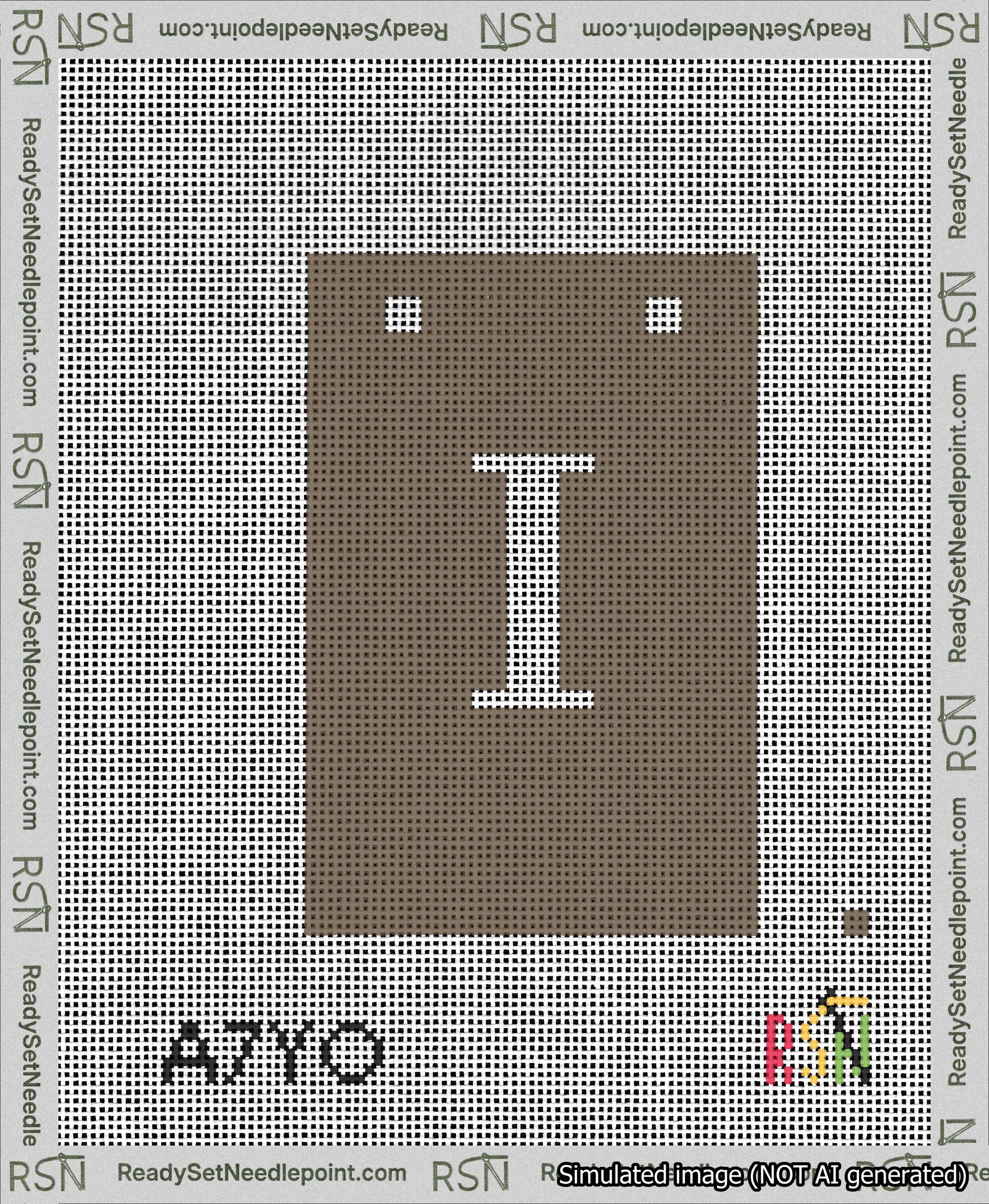 A taped needlepoint canvas with the design: Banner 13 mesh count Squared I White on Brown.