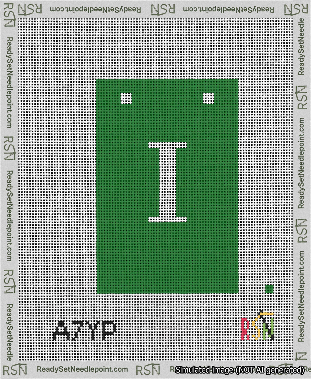 A taped needlepoint canvas with the design: Banner 13 mesh count Squared I White on Green.