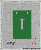 A taped needlepoint canvas with the design: Banner 13 mesh count Squared I White on Green.
