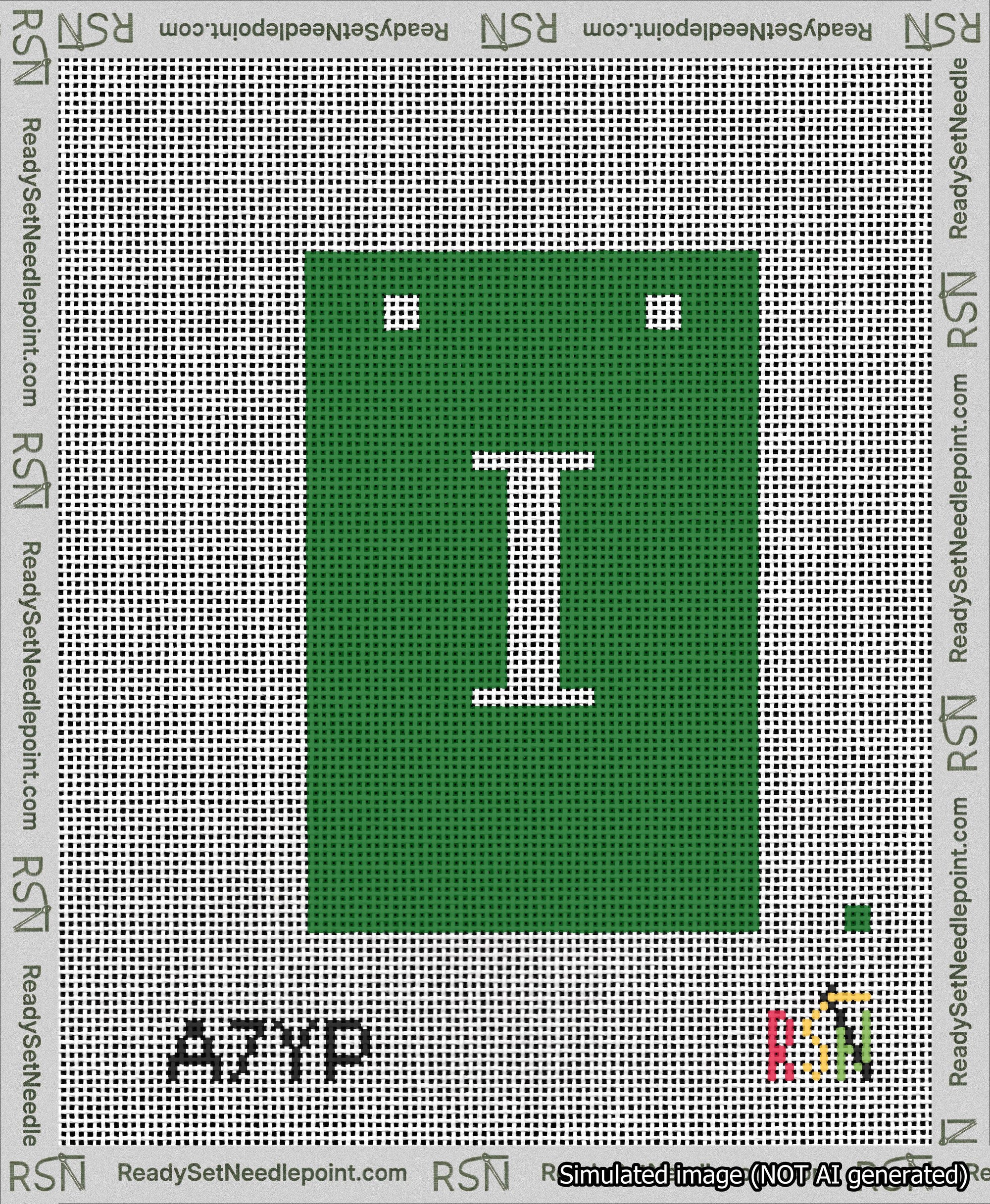 A taped needlepoint canvas with the design: Banner 13 mesh count Squared I White on Green.