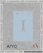 A taped needlepoint canvas with the design: Banner 13 mesh count Squared I White on Light Blue.