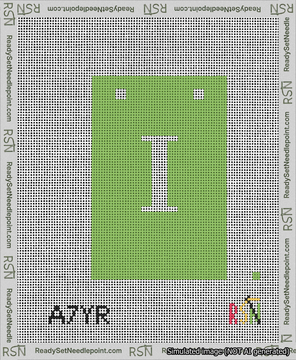 A taped needlepoint canvas with the design: Banner 13 mesh count Squared I White on Light Green.