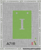 A taped needlepoint canvas with the design: Banner 13 mesh count Squared I White on Light Green.