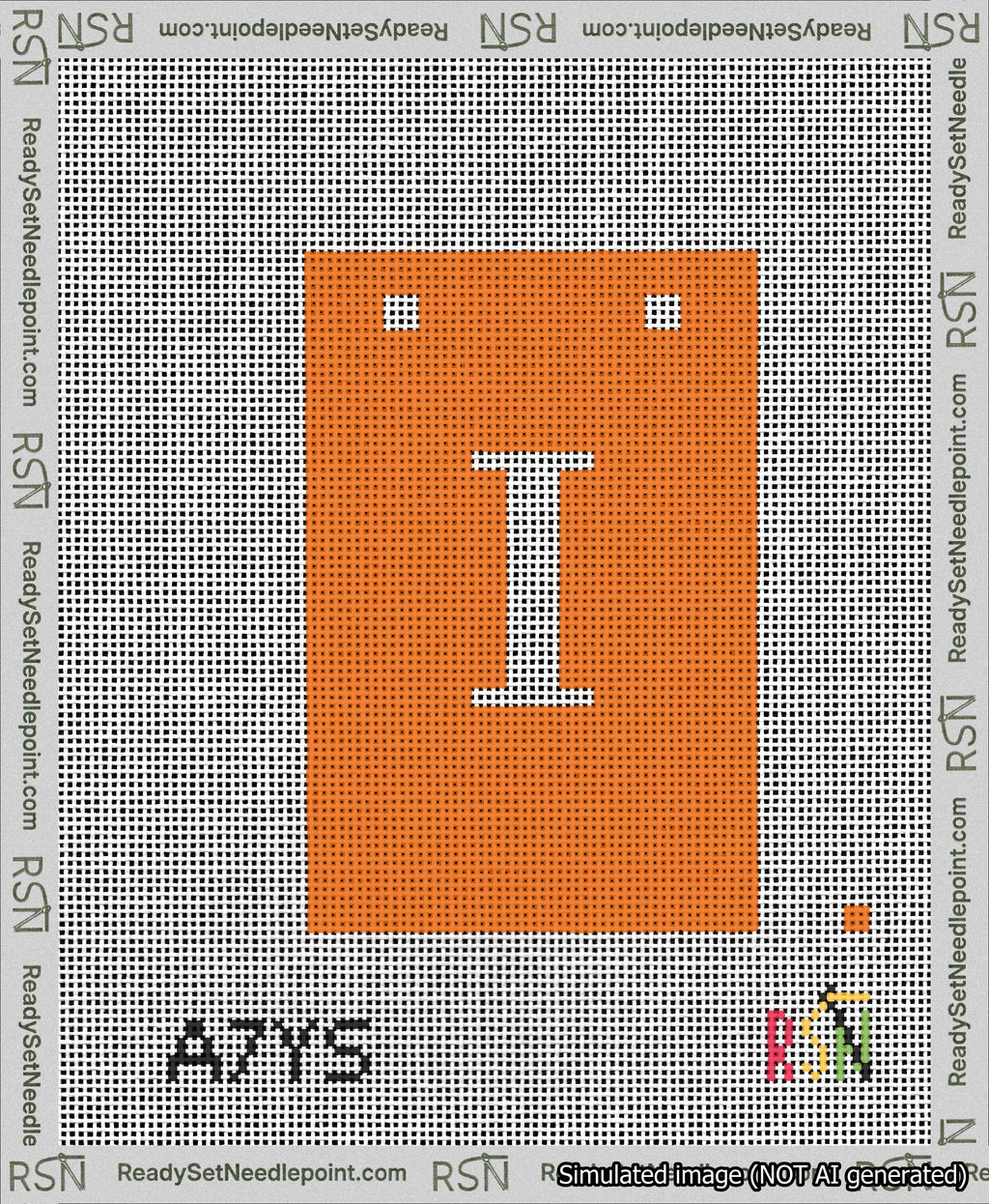 A taped needlepoint canvas with the design: Banner 13 mesh count Squared I White on Orange.