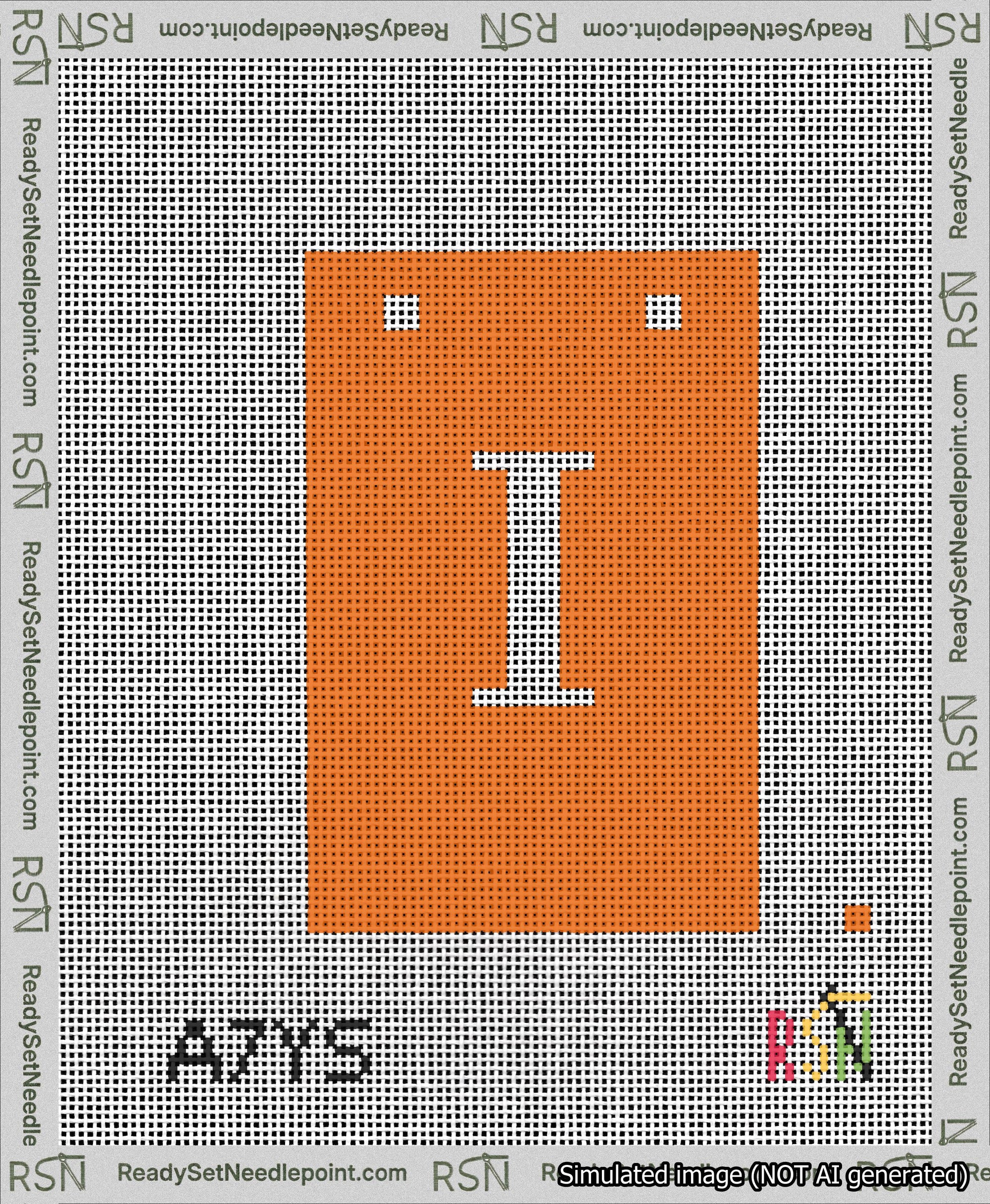 A taped needlepoint canvas with the design: Banner 13 mesh count Squared I White on Orange.