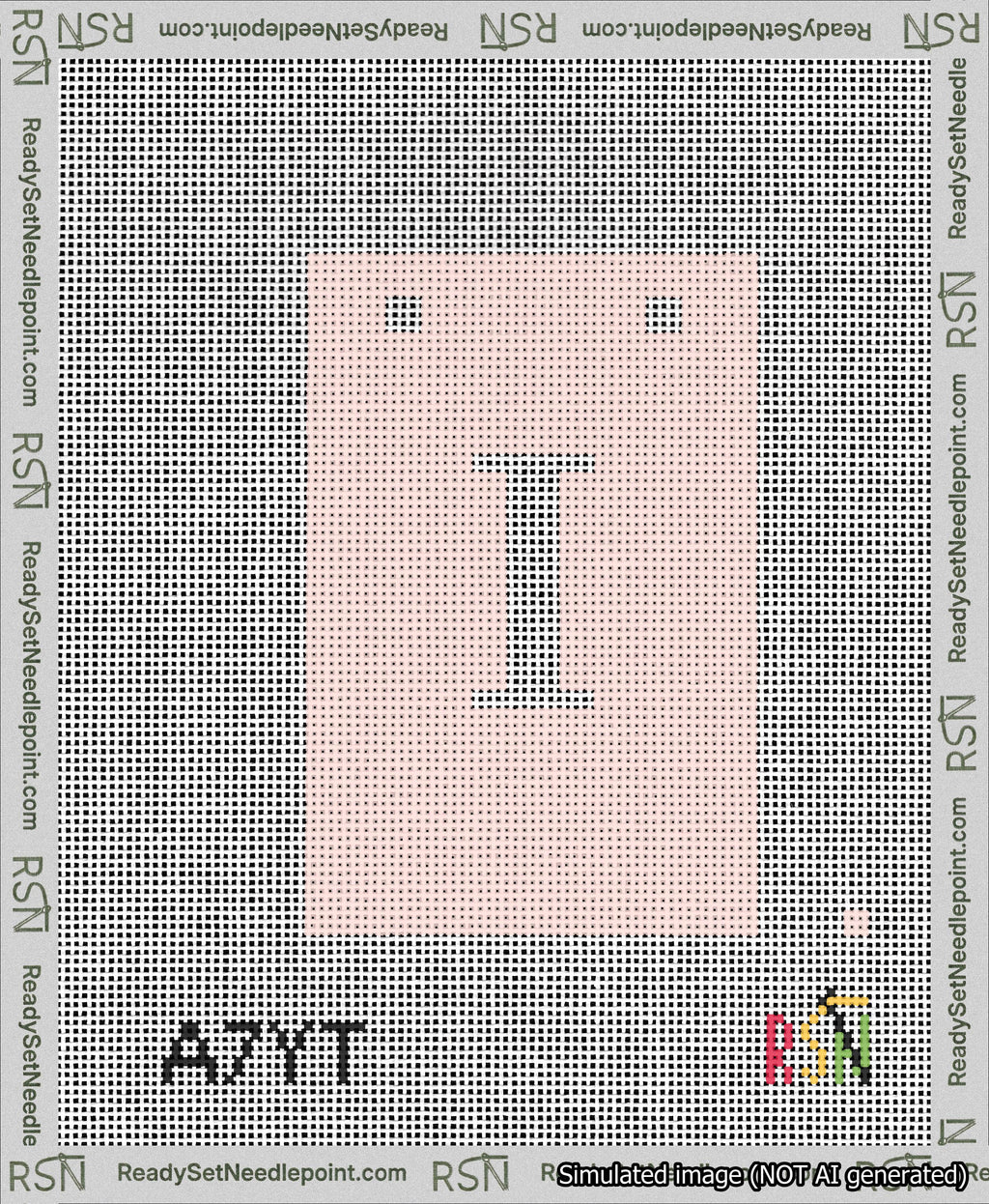 A taped needlepoint canvas with the design: Banner 13 mesh count Squared I White on Pink.