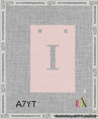 A taped needlepoint canvas with the design: Banner 13 mesh count Squared I White on Pink.