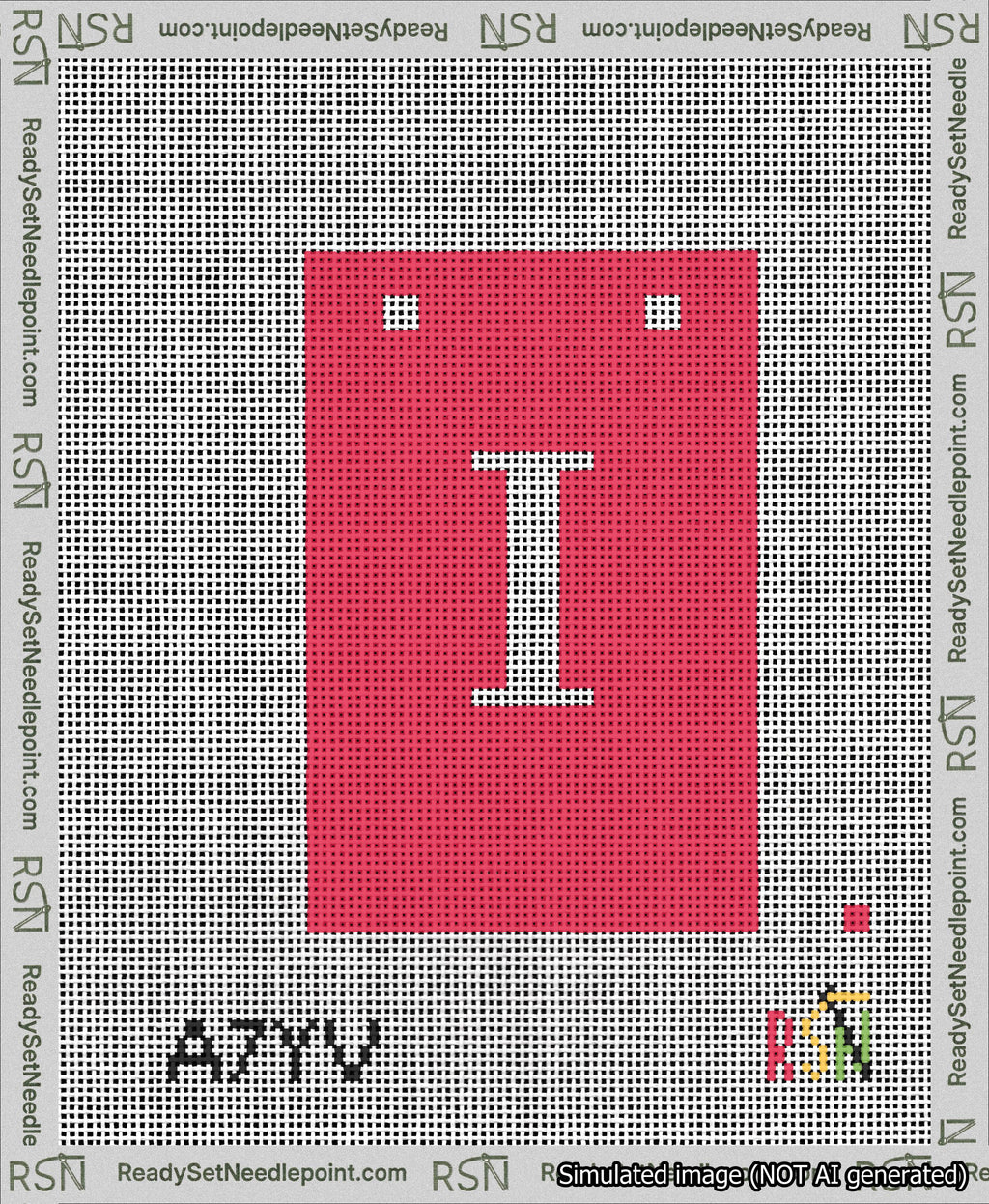 A taped needlepoint canvas with the design: Banner 13 mesh count Squared I White on Red.
